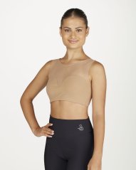 Neutral-toned sports bra with neckline and back in mesh