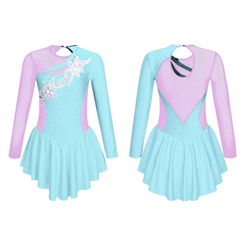 Contrast Color Skating Dress with Rhinestones | Elegant Long Sleeve |  zendaya - Colour: Sky Blue, Size: 12