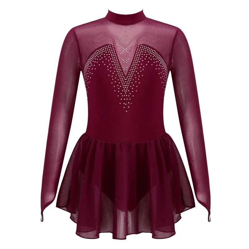 Long Sleeve Rhinestone Skating Dress for Girls | zendaya - Colour: Burgundy,  Size: 12