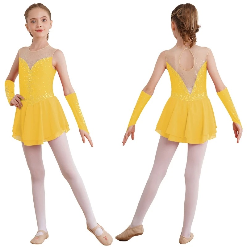 Glitter Figure Skating and Dance Dress with Gloves | zendaya - Colour:  Yellow, Size: 14