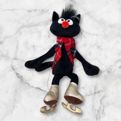 Plush cat on skates with a red scarf