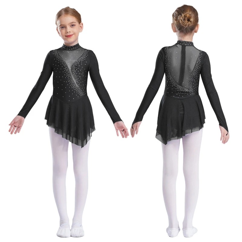 MÄDCHEN EISKUNSTLAUF KLEID Langarm Rollschuhkleid Strass Ballettkleid