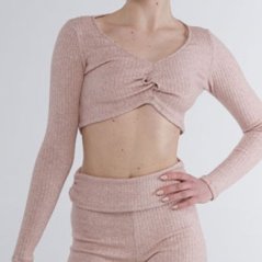 Rebrovaný crop top s dlhým rukávom a ozdobným uzlom